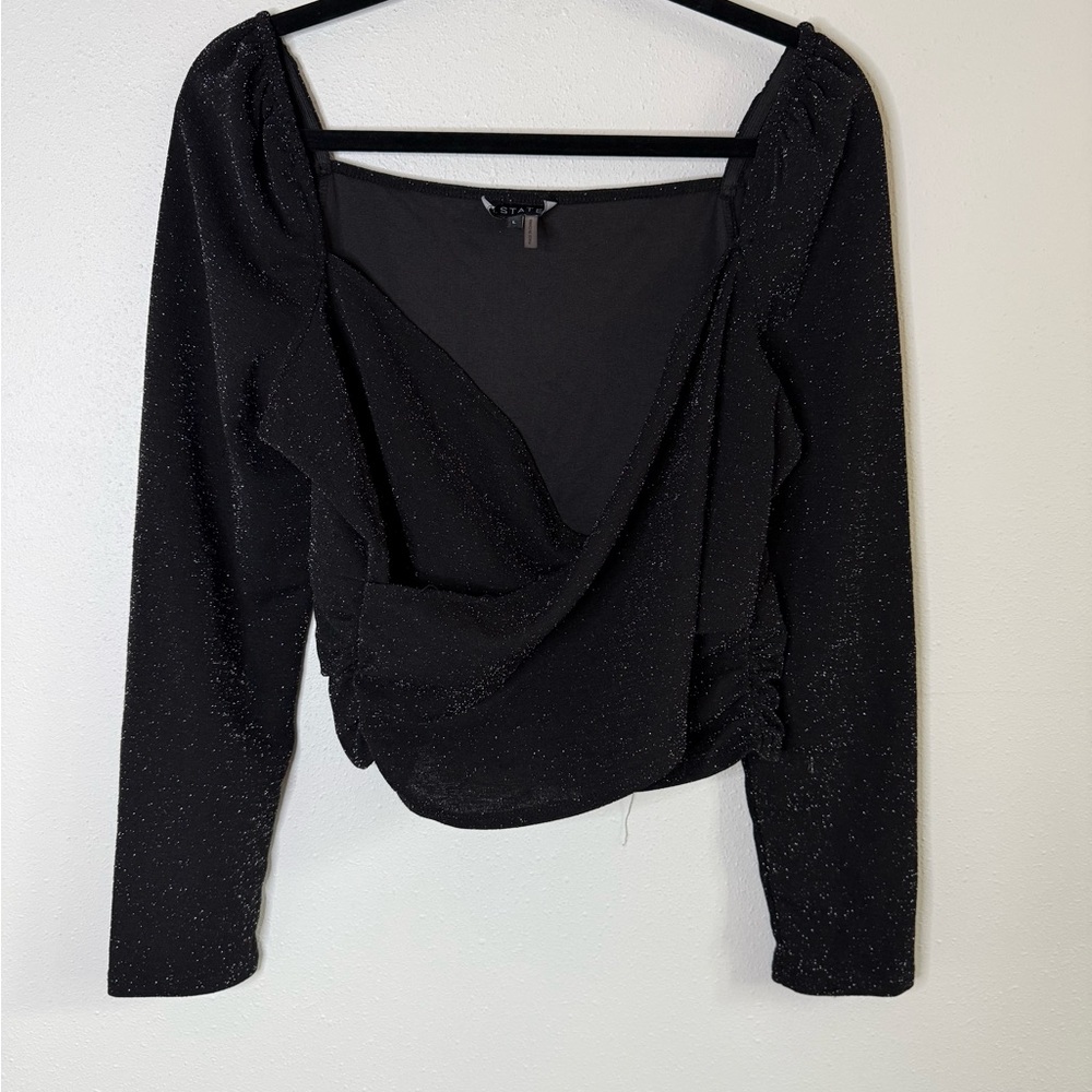1 State Black Sparkle Top Puff Sleeve Square Neck Cropped Party Top L